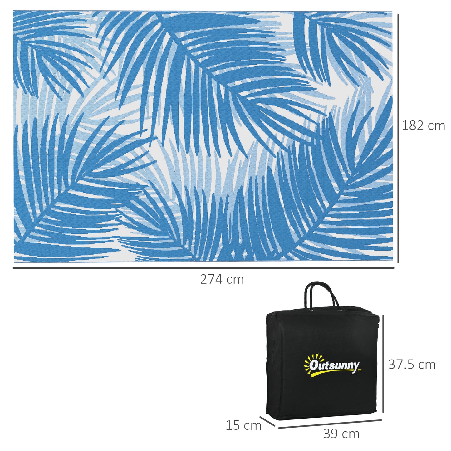 Reversible Waterproof Outdoor Rug W/ Carry Bag, 182 x 274cm, Blue
