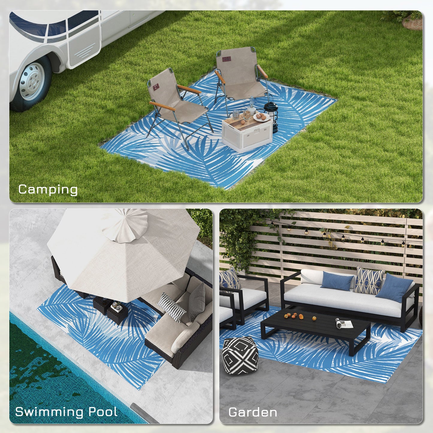 Reversible Waterproof Outdoor Rug W/ Carry Bag, 182 x 274cm, Blue