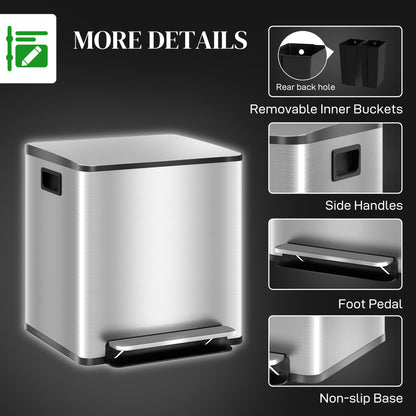 2 x 15L Double Kitchen Bin, Pedal Bin Soft-Close Lid, Silver Tone