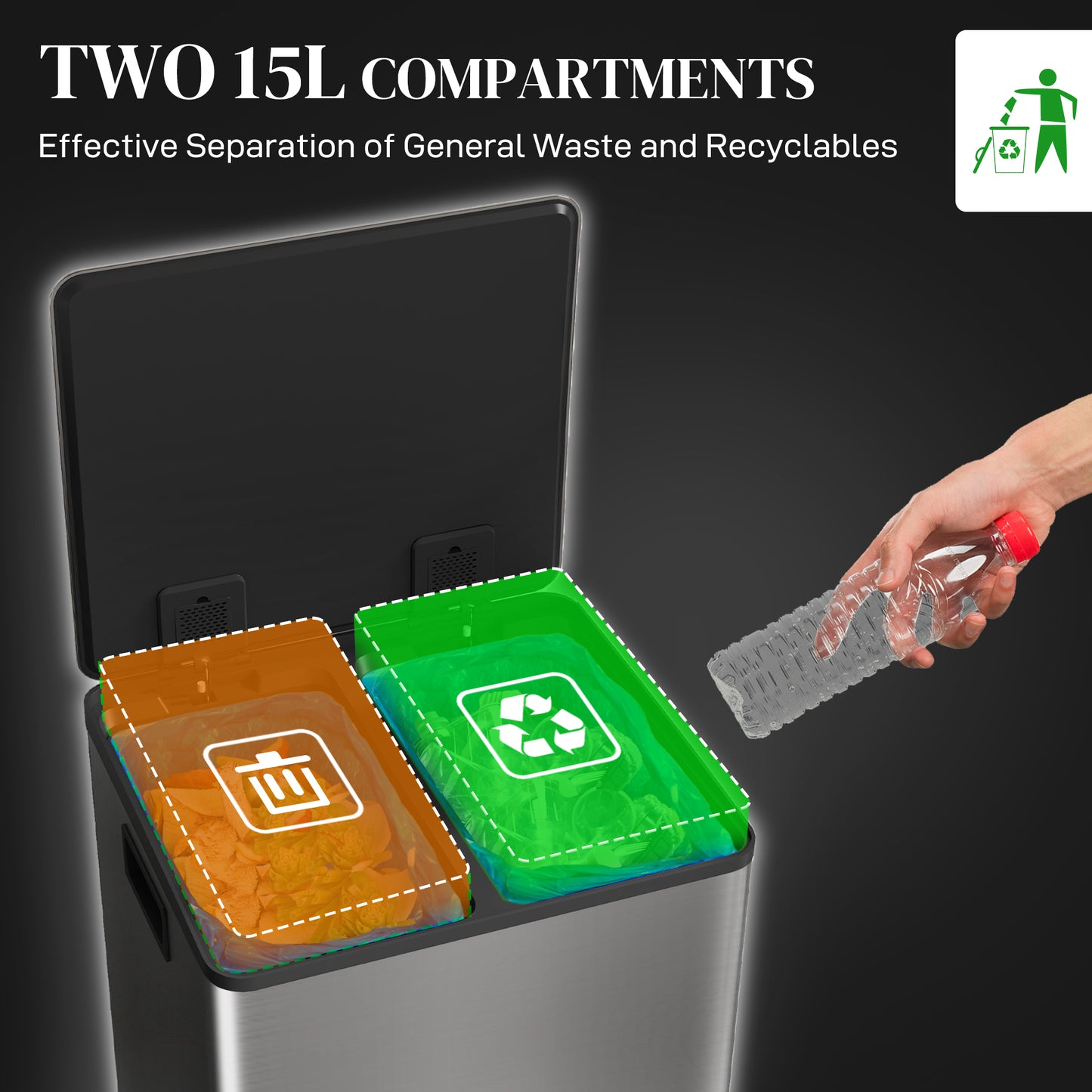 2 x 15L Double Kitchen Bin, Pedal Bin Soft-Close Lid, Silver Tone