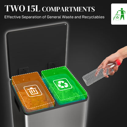 2 x 15L Double Kitchen Bin, Pedal Bin Soft-Close Lid, Silver Tone