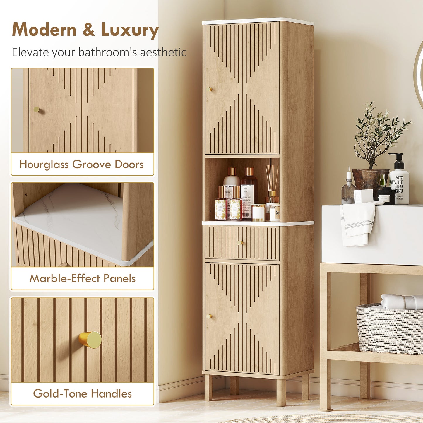 168 cm Tall Bathroom Cabinet with Drawer and Adjustable Shelves, Oak