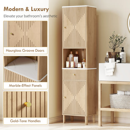 168 cm Tall Bathroom Cabinet with Drawer and Adjustable Shelves, Oak