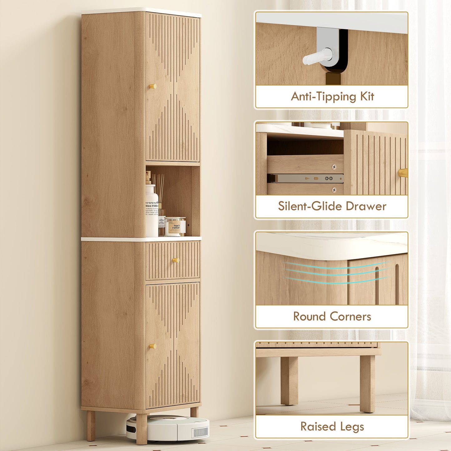 168 cm Tall Bathroom Cabinet with Drawer and Adjustable Shelves, Oak