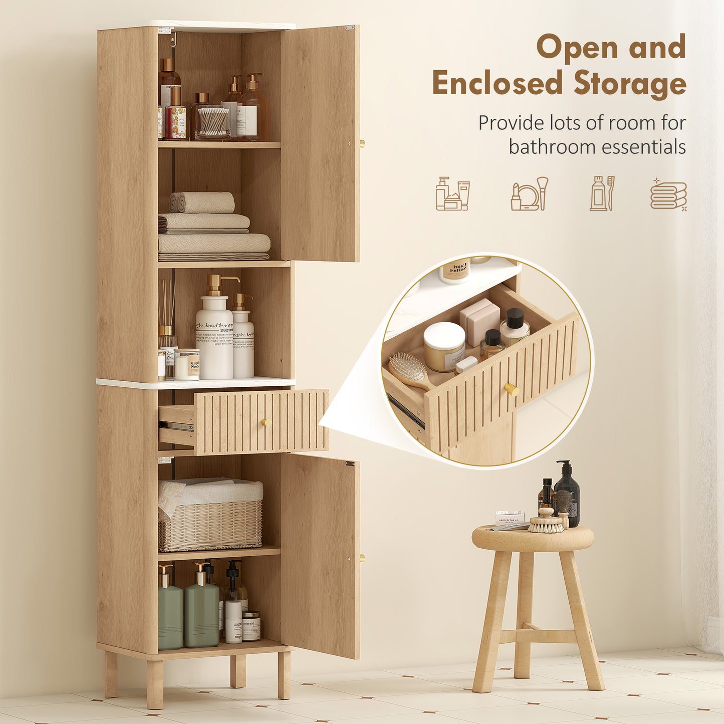 168 cm Tall Bathroom Cabinet with Drawer and Adjustable Shelves, Oak