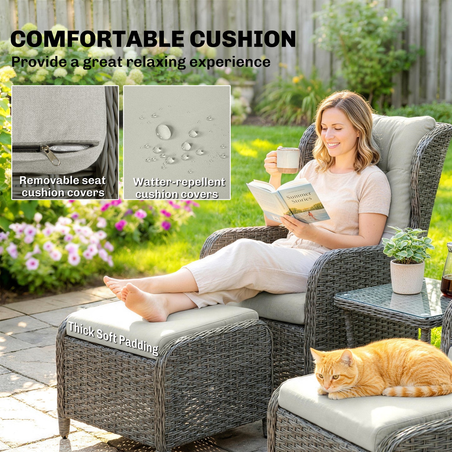 5 Piece Garden Furniture Set, Rattan Reclining Garden Chair Set of 2 with Footstool and Cushion  Cream