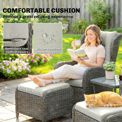 5 Piece Garden Furniture Set, Rattan Reclining Garden Chair Set of 2 with Footstool and Cushion  Cream
