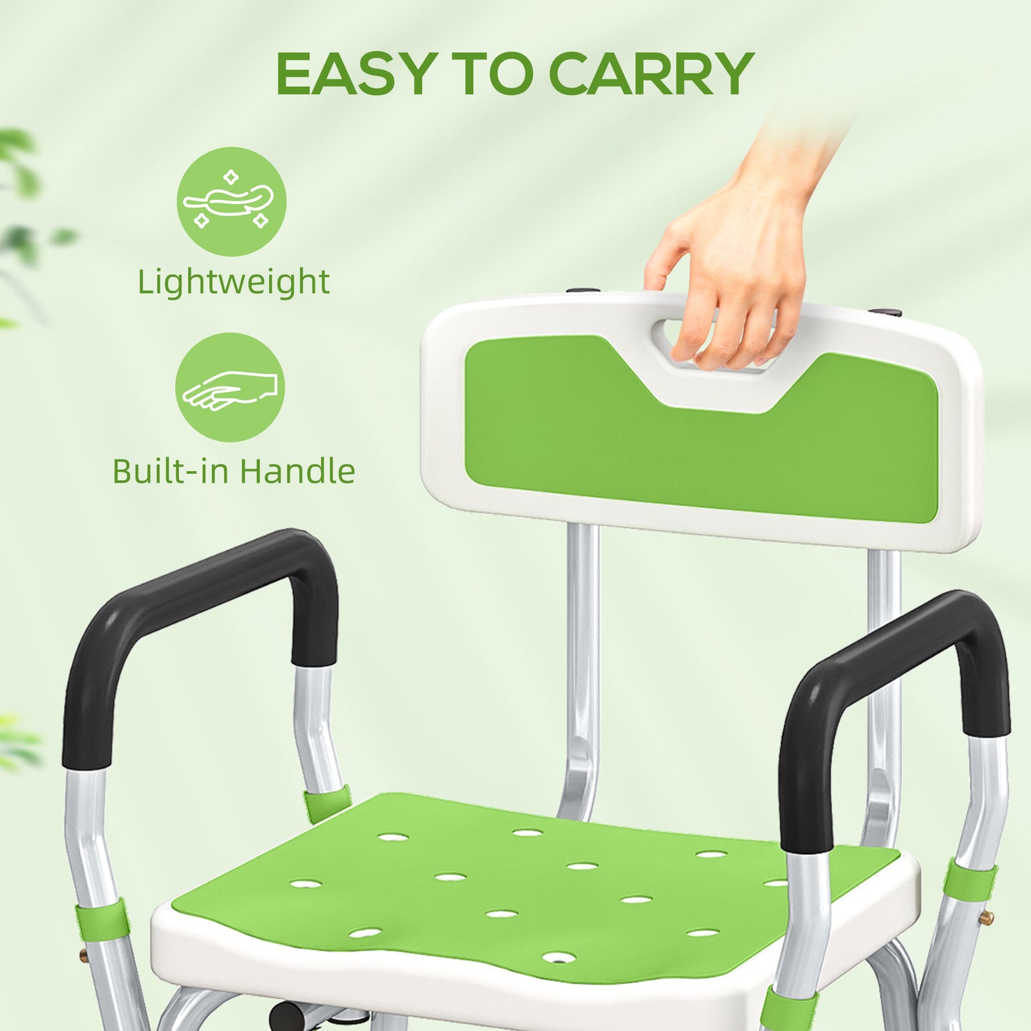 Padded Shower Stool with Arms and Back, 4 Suction Foot Pads, Green