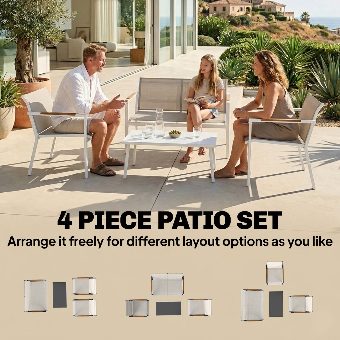 4 Seater Garden Furniture Set, Metal Garden Sofa Set, Khaki