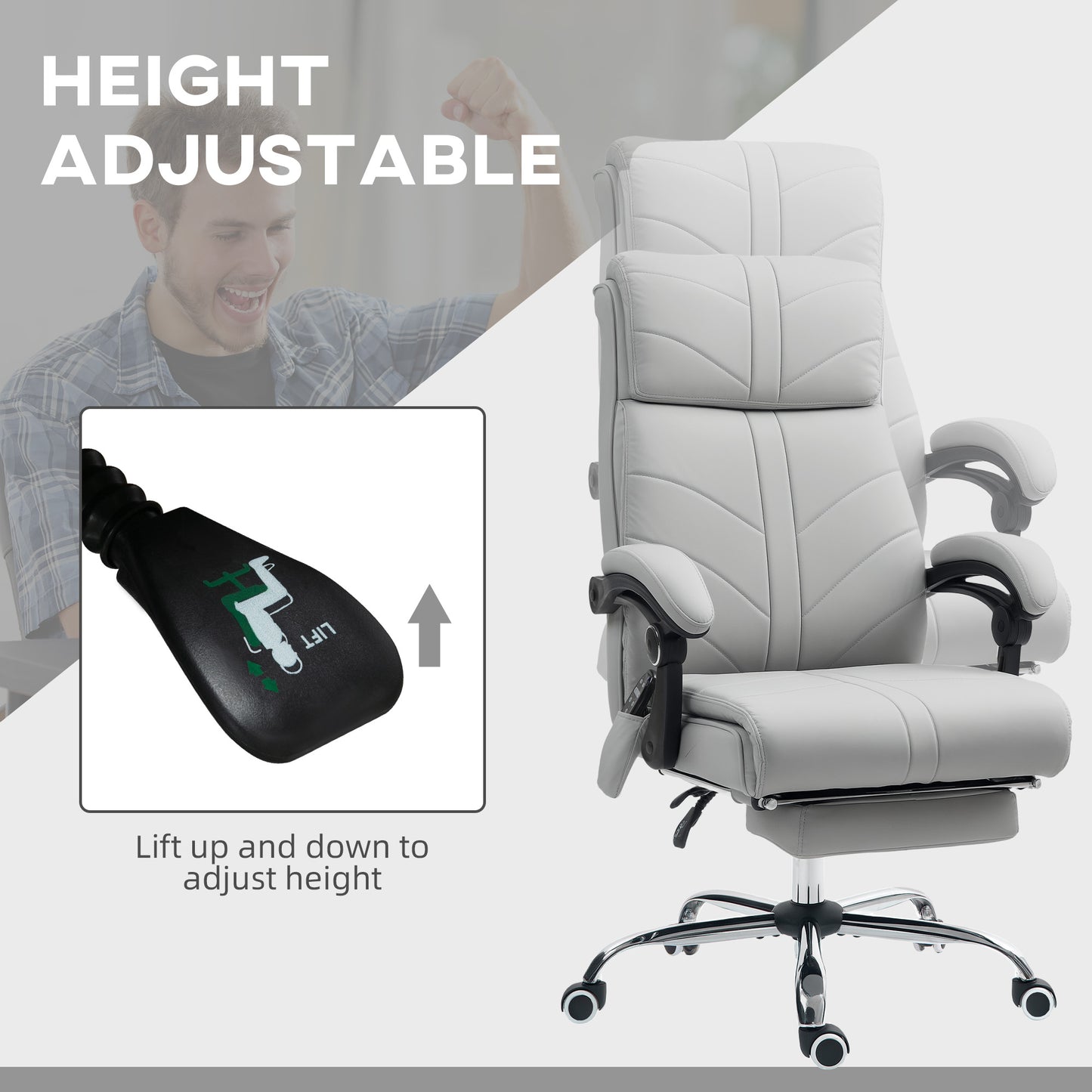PU Vibration Massage Office Chair with Heat, Footrest, Light Grey