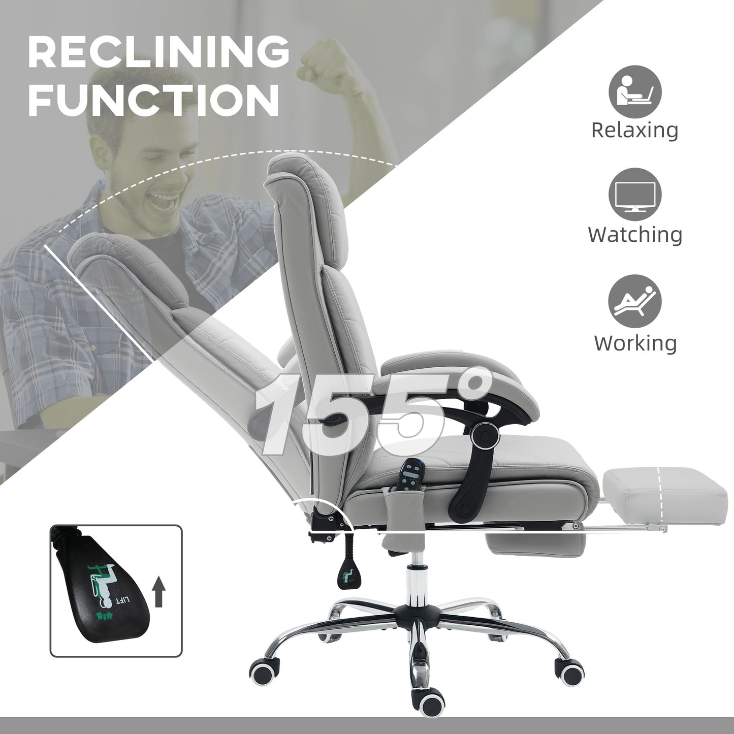 PU Vibration Massage Office Chair with Heat, Footrest, Light Grey
