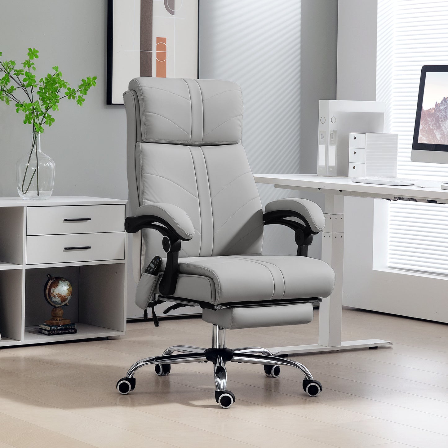 PU Vibration Massage Office Chair with Heat, Footrest, Light Grey