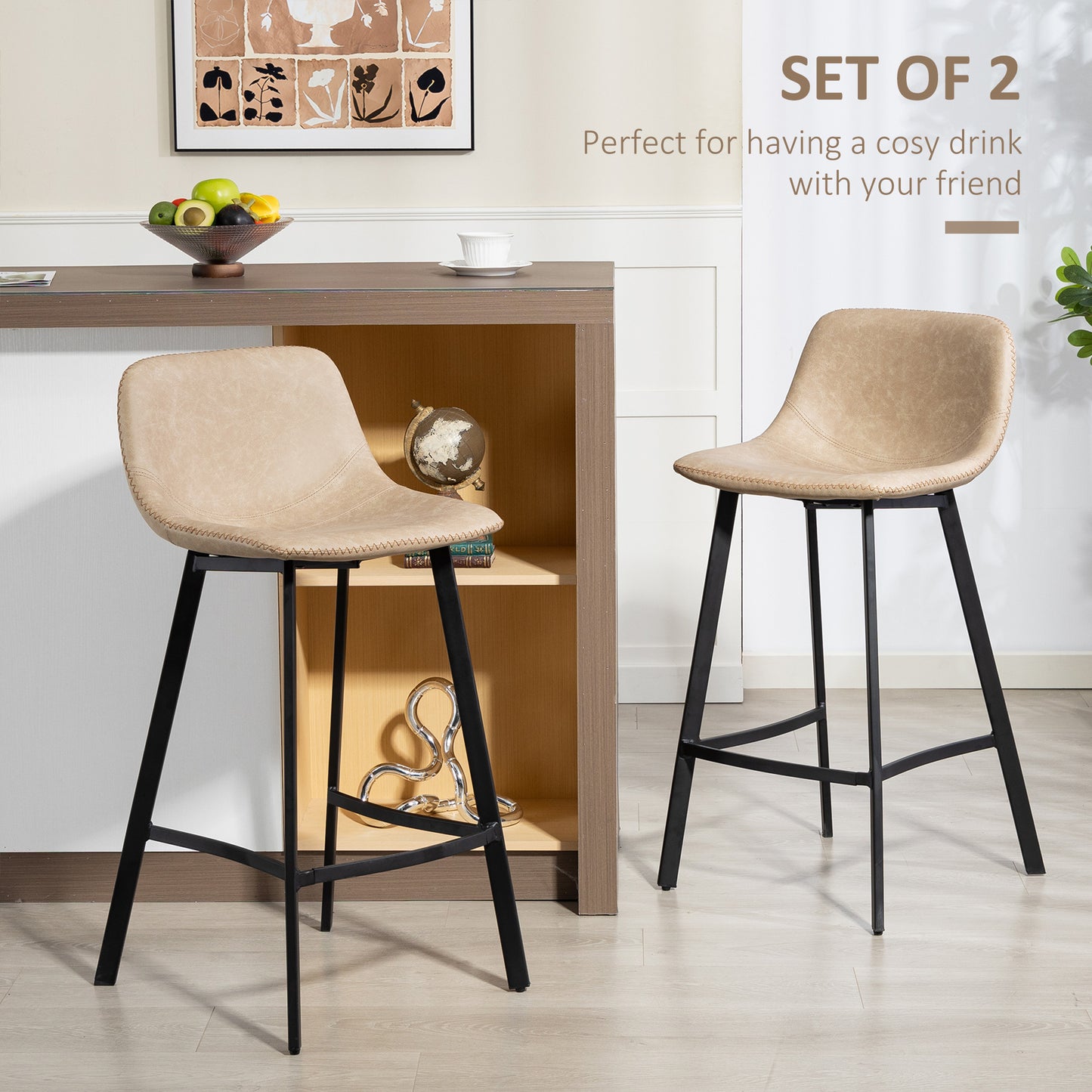 Bar Stools Set of 2, Bar Chairs with Back and Steel Legs, Light Brown