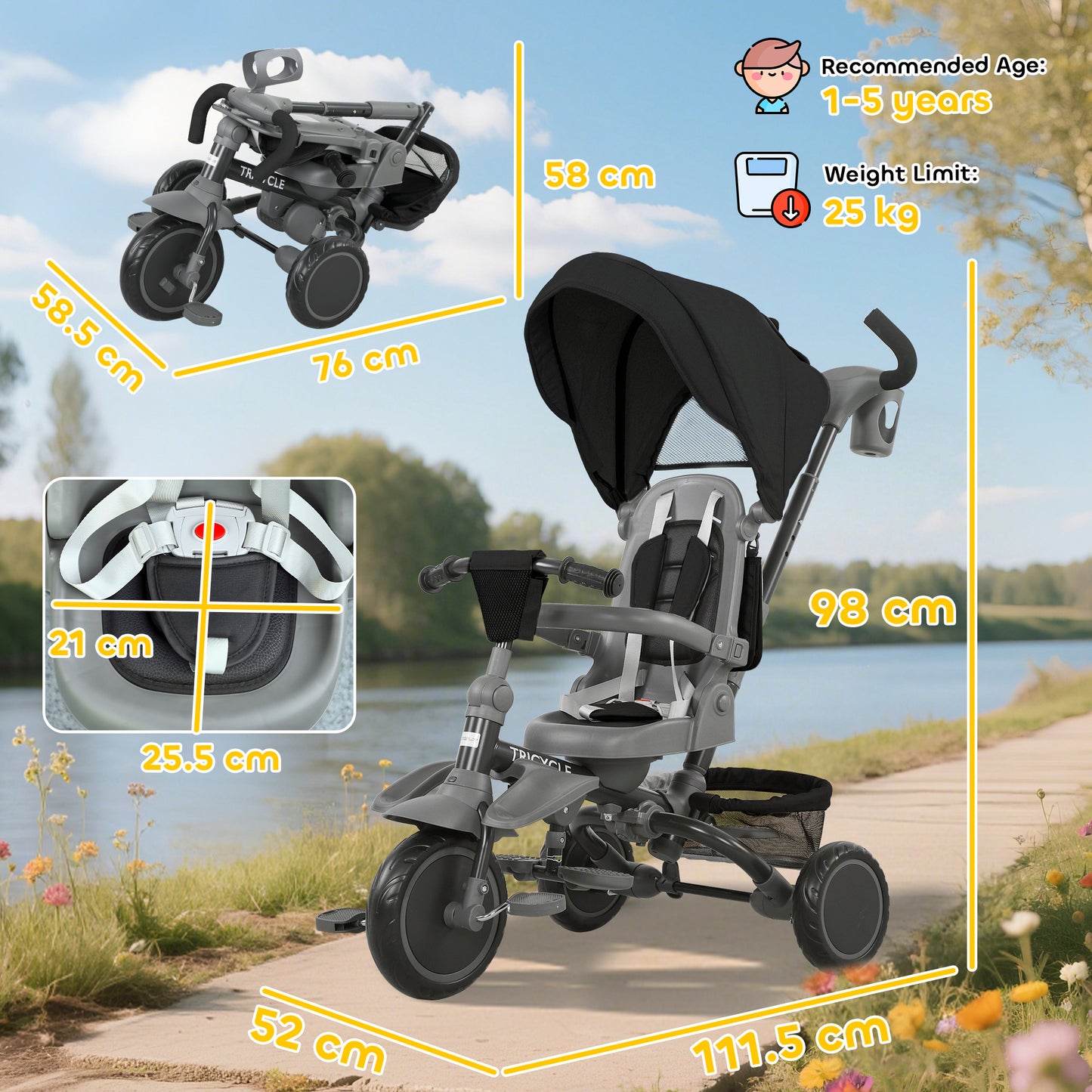 6 in 1 Kids Trike, Toddler Tricycle with Parent Handle, Black