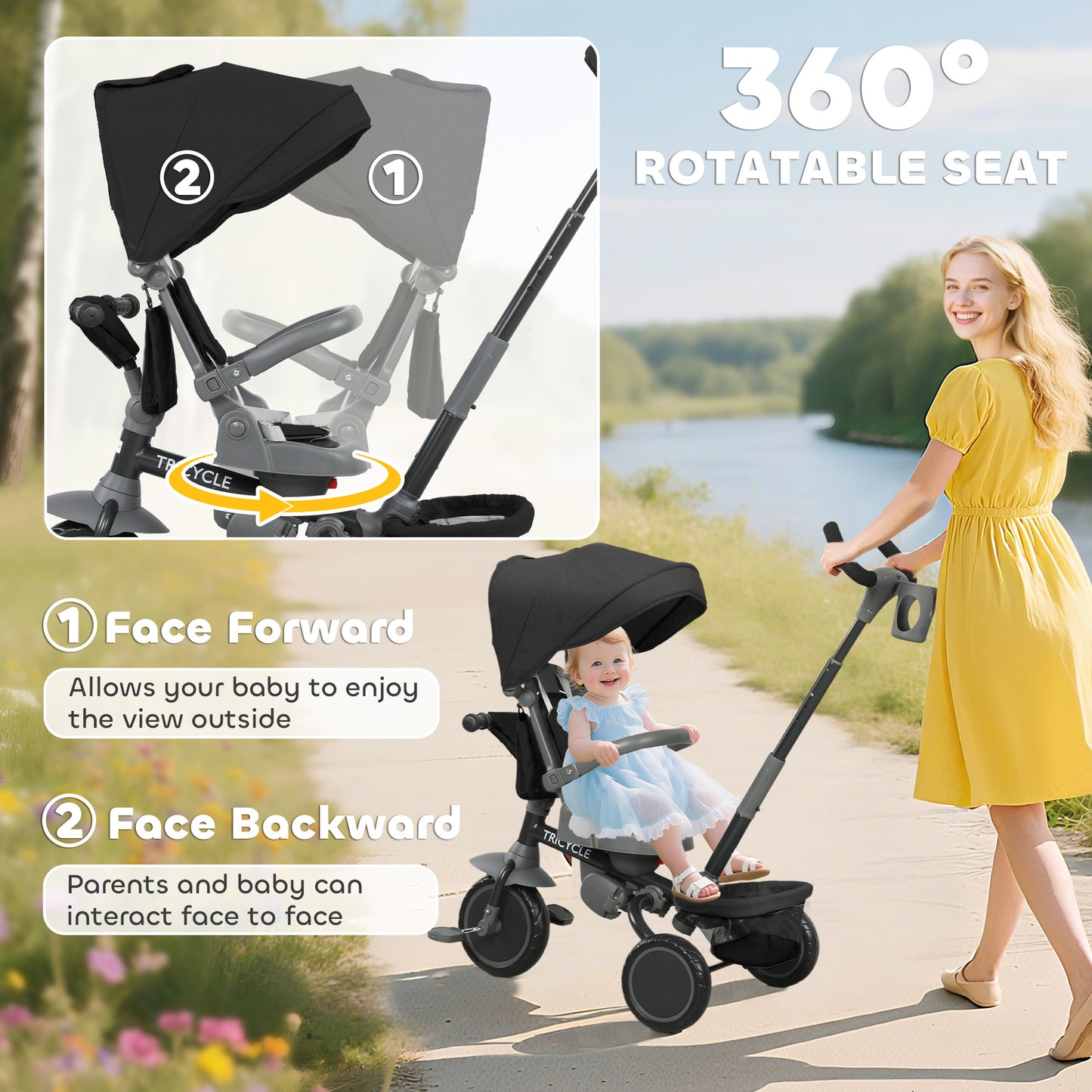 6 in 1 Kids Trike, Toddler Tricycle with Parent Handle, Black