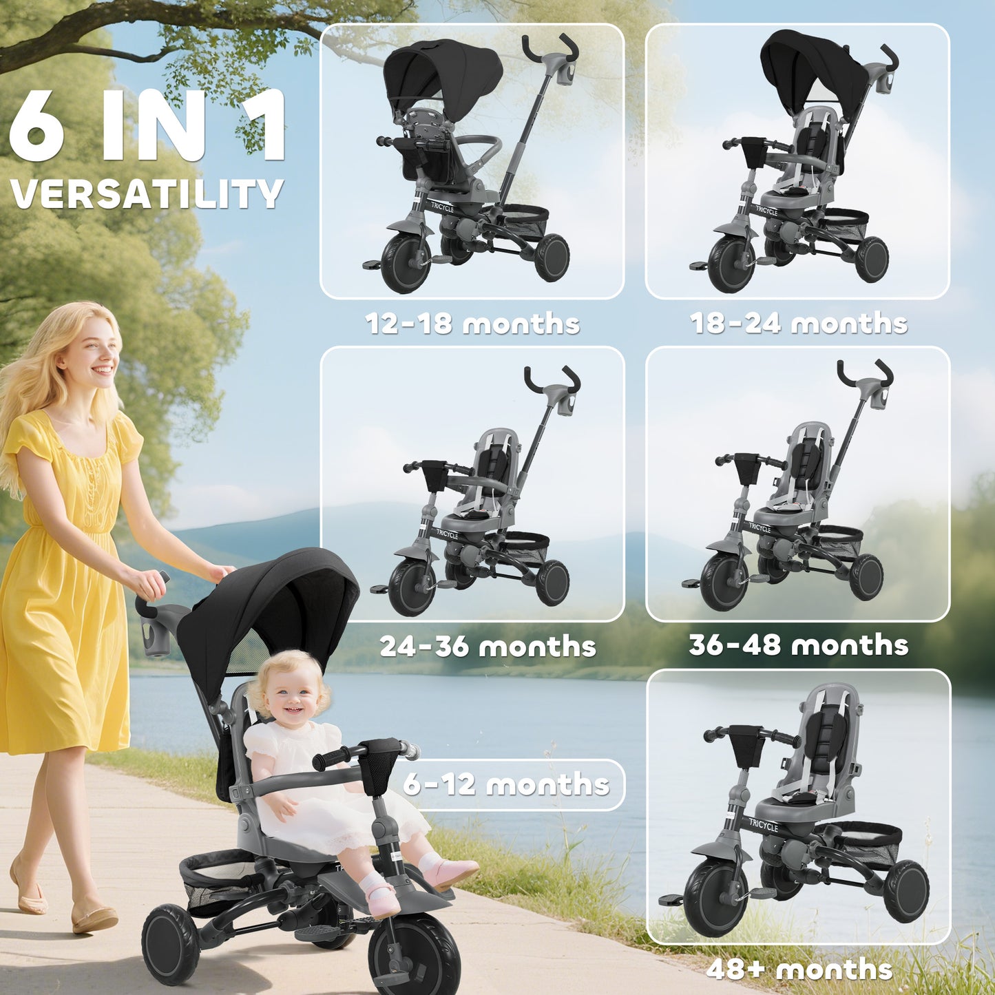 6 in 1 Kids Trike, Toddler Tricycle with Parent Handle, Black