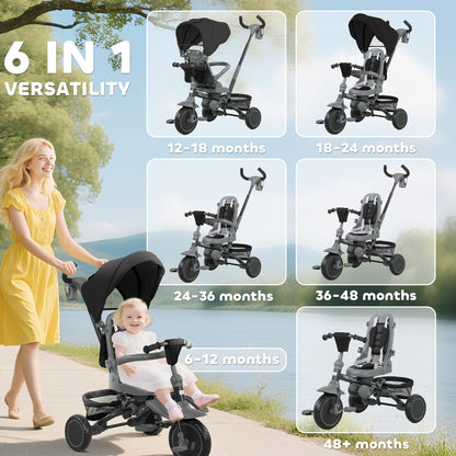 6 in 1 Kids Trike, Toddler Tricycle with Parent Handle, Black