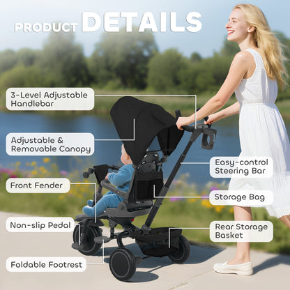 6 in 1 Kids Trike, Toddler Tricycle with Parent Handle, Black