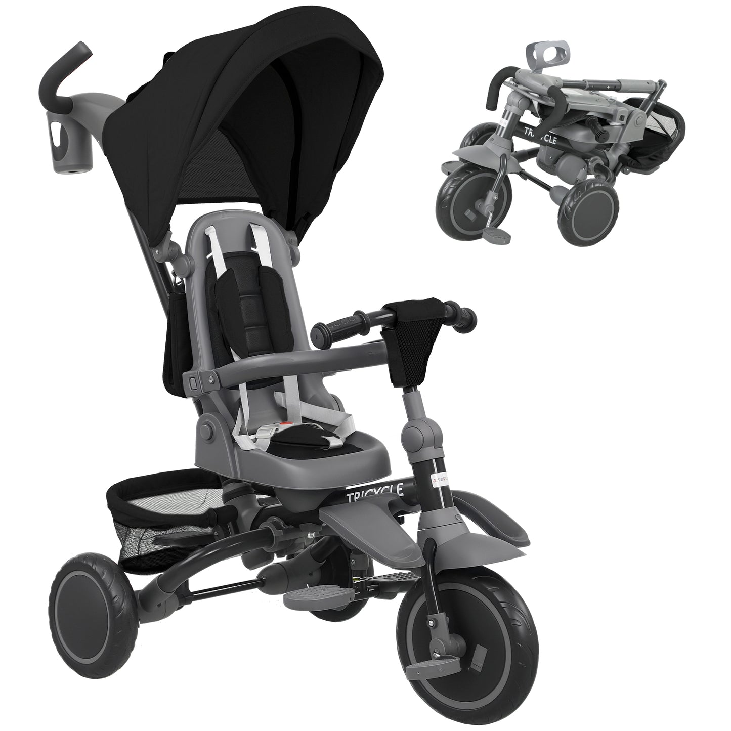 6 in 1 Kids Trike, Toddler Tricycle with Parent Handle, Black