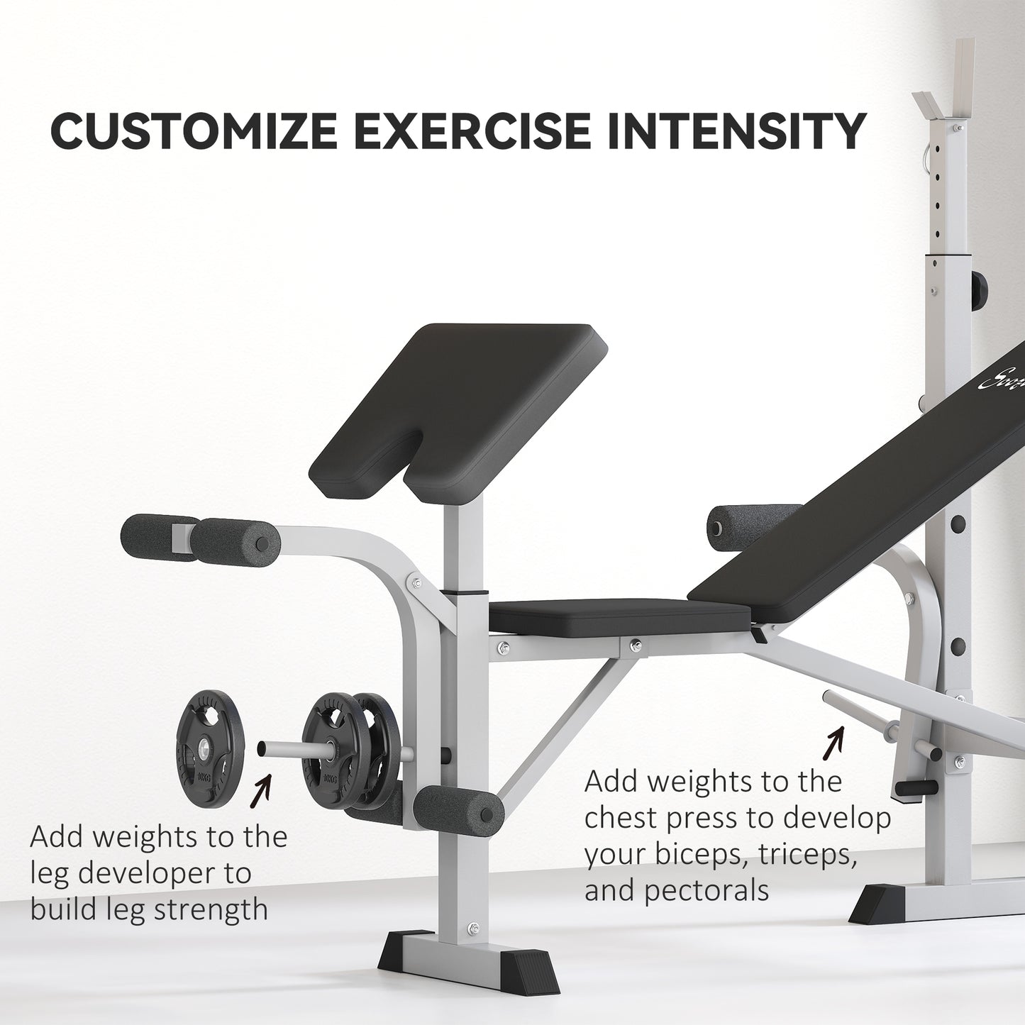 Adjustable Weight Bench with Squat Rack, Leg Developer, Grey