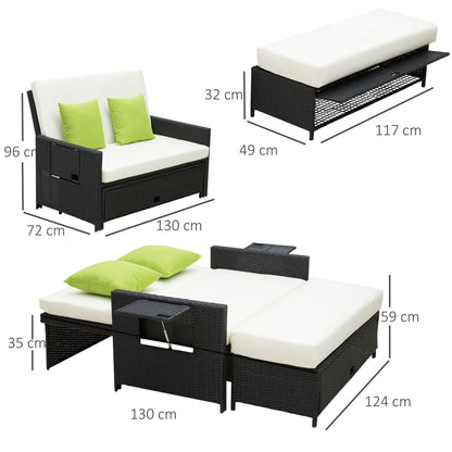 Outsunny 2 Seater Assembled Garden Patio Outdoor Rattan Furniture Sofa Sun Lounger Daybed with Fire Retardant Cotton - Black