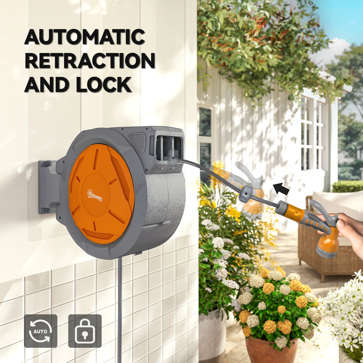 Retractable Hose Reel Wall Mounted with Lock, Orange