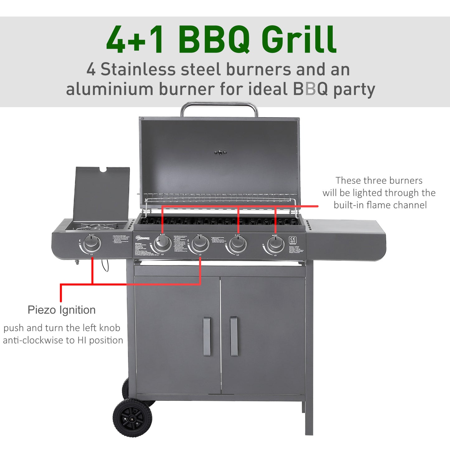 Gas BBQ Grill 4 + 1 Stainless Steel Burner Garden Barbecue Cooker
