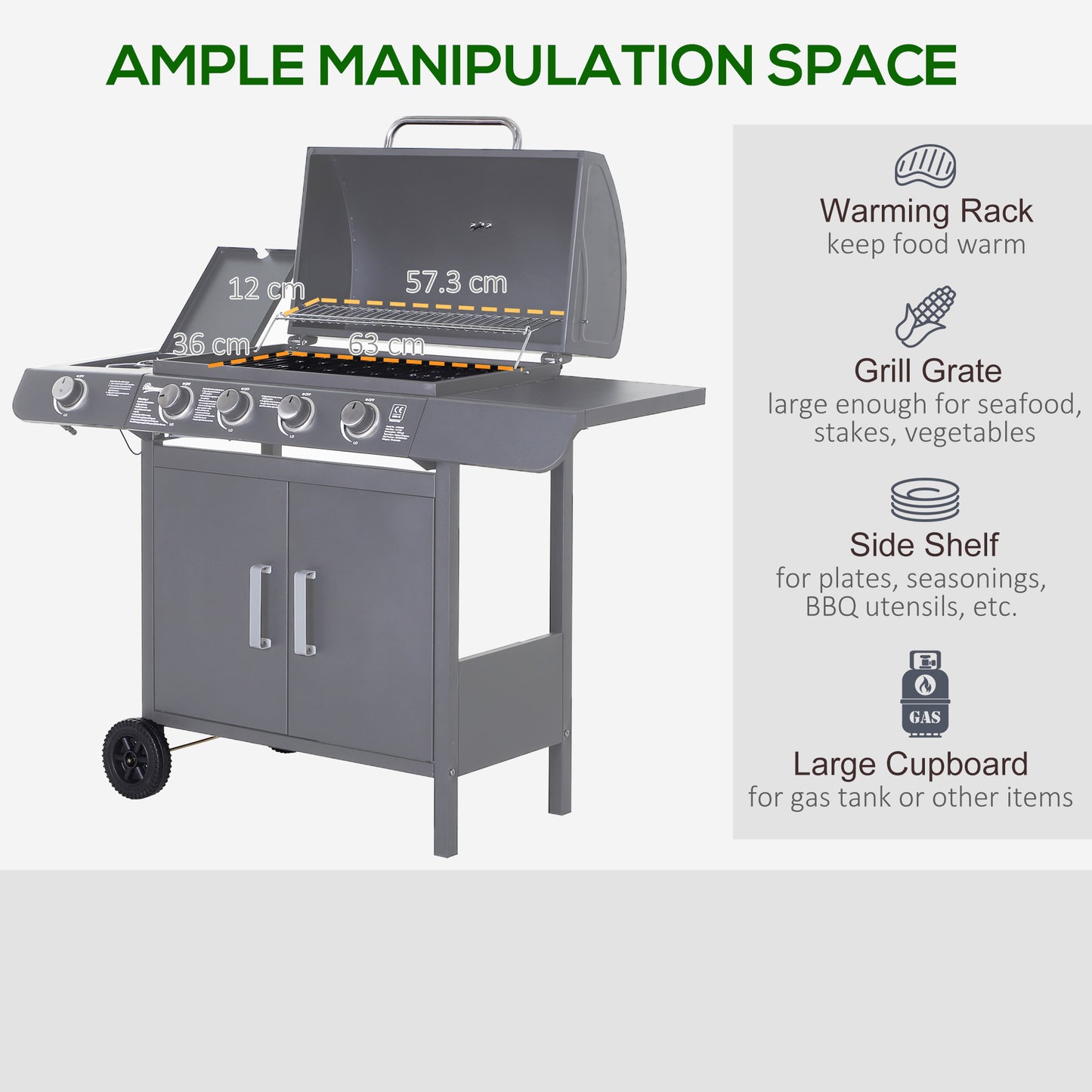 Gas BBQ Grill 4 + 1 Stainless Steel Burner Garden Barbecue Cooker