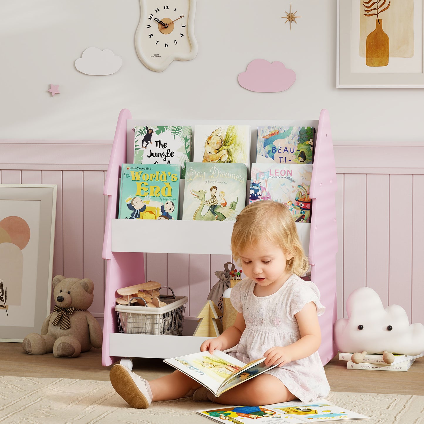 Double-Sided Children's Bookcase with Wheels for Playroom, Pink
