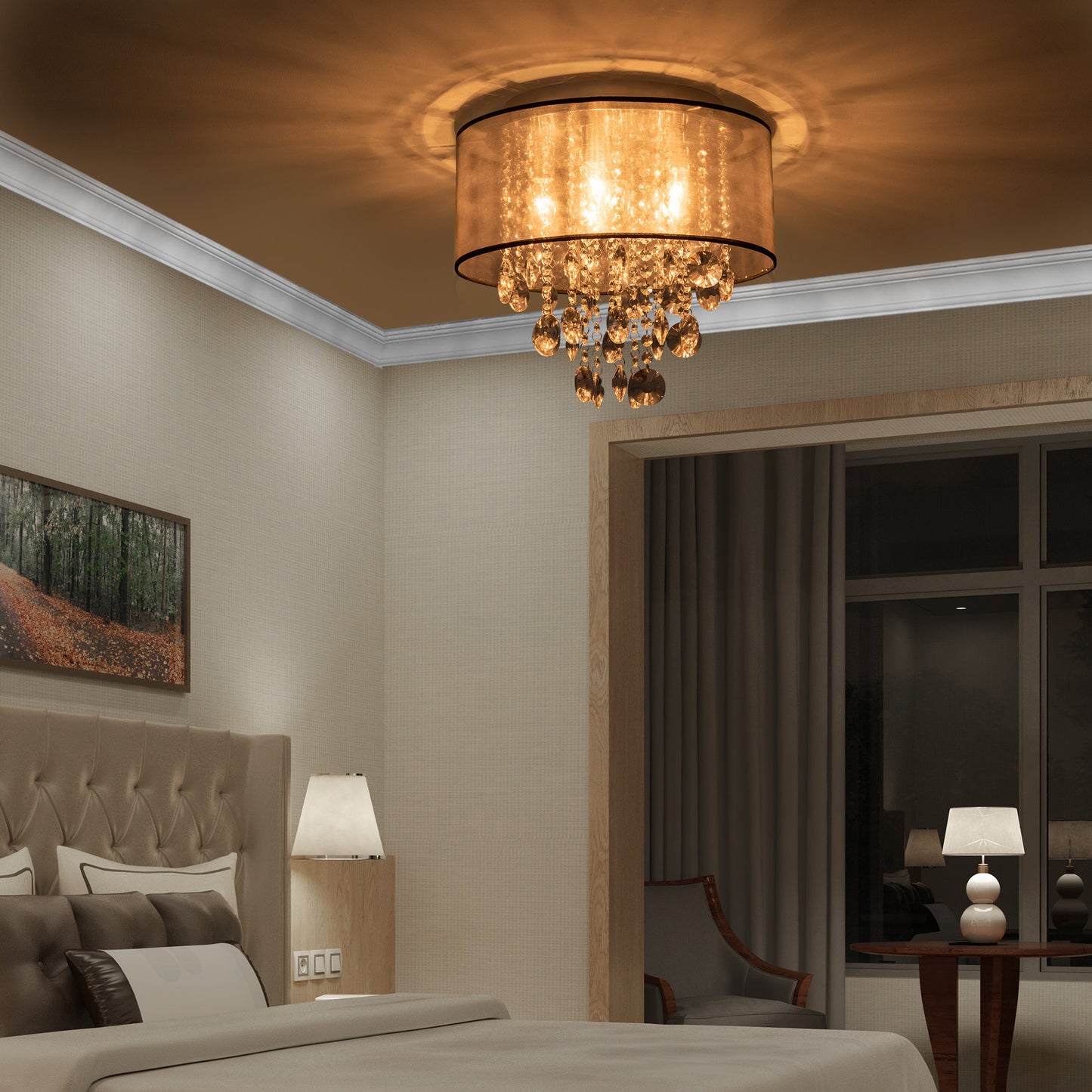 Modern Crystal Chandelier Flush Mount Ceiling Light for Bedroom, 40cm