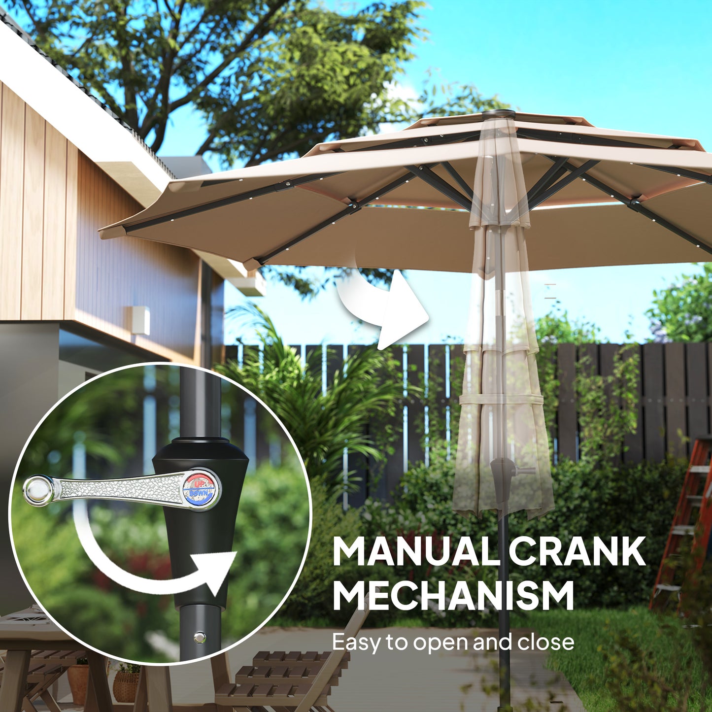 3-Tier Garden Parasol w/ Solar LED Lights, Tilt, Crank Handle Khaki