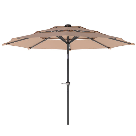 3-Tier Garden Parasol w/ Solar LED Lights, Tilt, Crank Handle Khaki