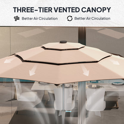 3-Tier Garden Parasol w/ Solar LED Lights, Tilt, Crank Handle Khaki