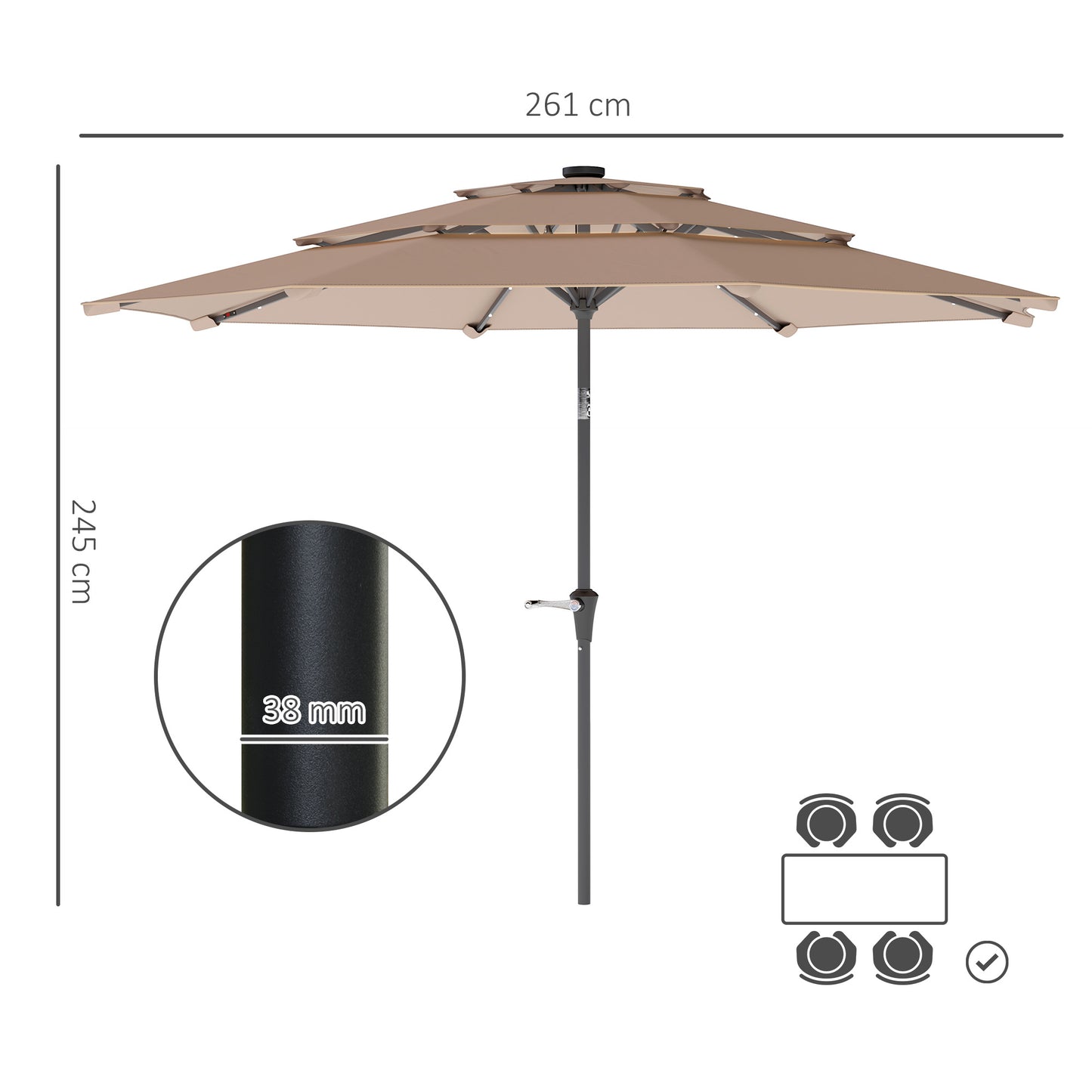 3-Tier Garden Parasol w/ Solar LED Lights, Tilt, Crank Handle Khaki