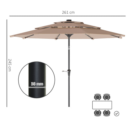 3-Tier Garden Parasol w/ Solar LED Lights, Tilt, Crank Handle Khaki