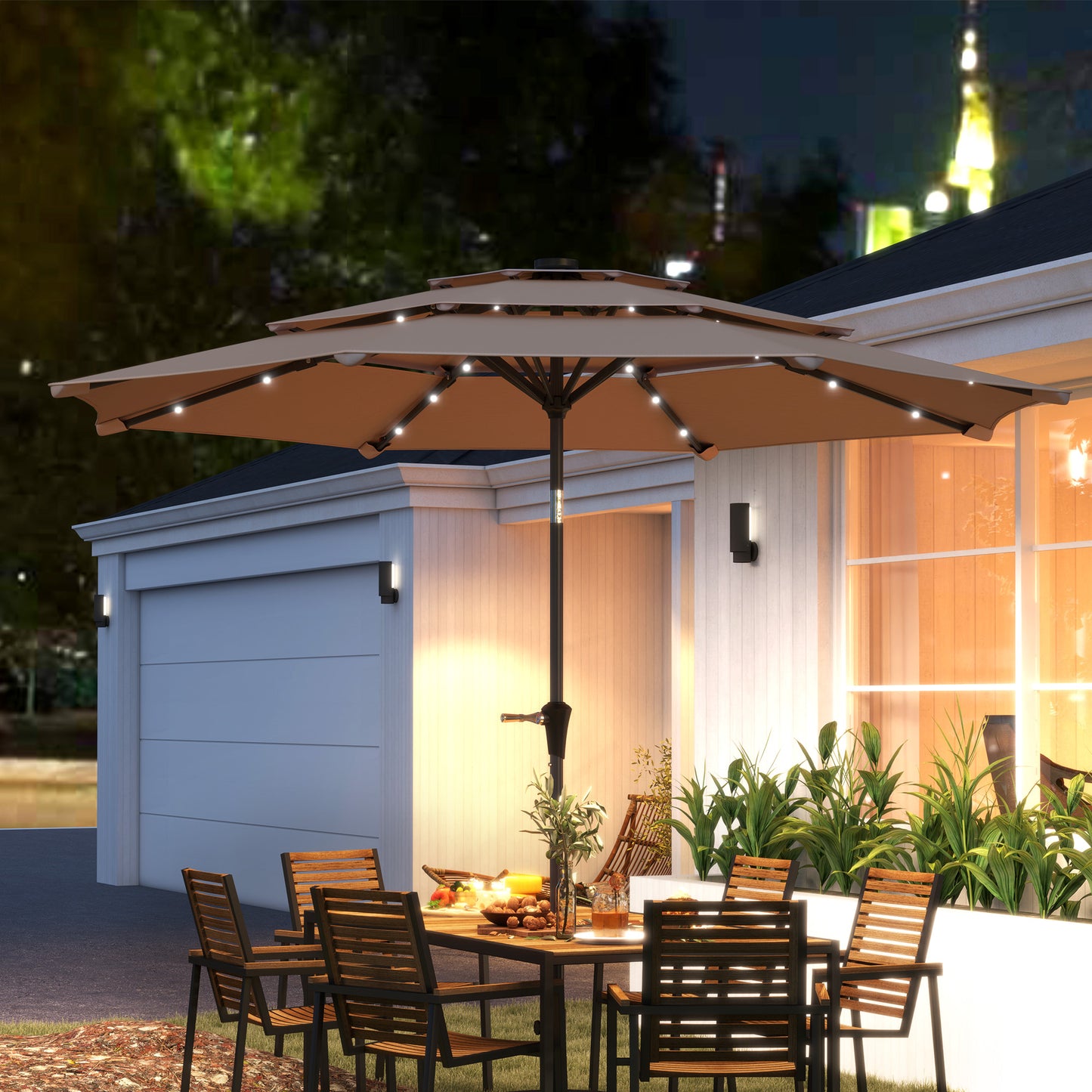 3-Tier Garden Parasol w/ Solar LED Lights, Tilt, Crank Handle Khaki