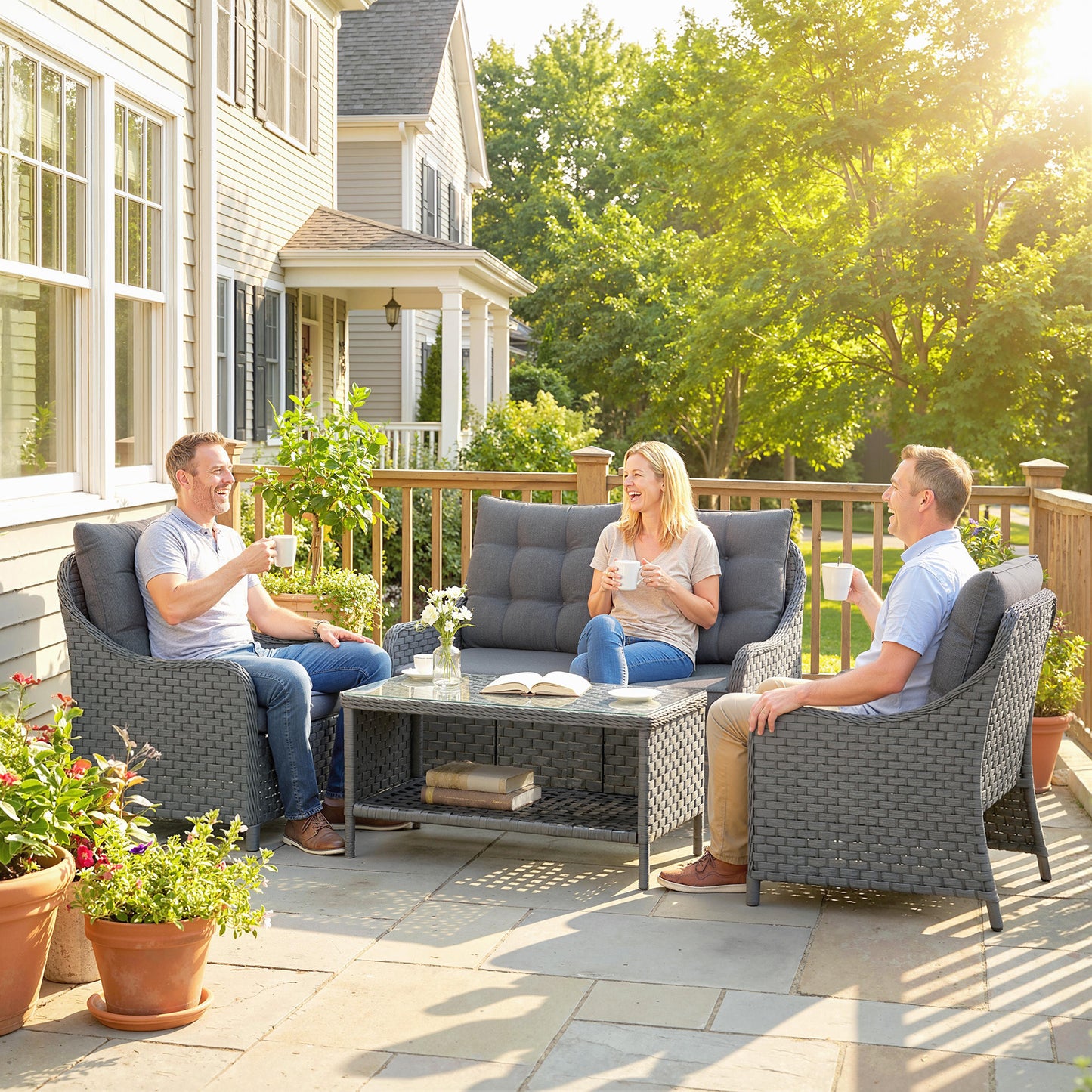 4 Piece Rattan Patio Furniture Set with Removable Cushion Covers