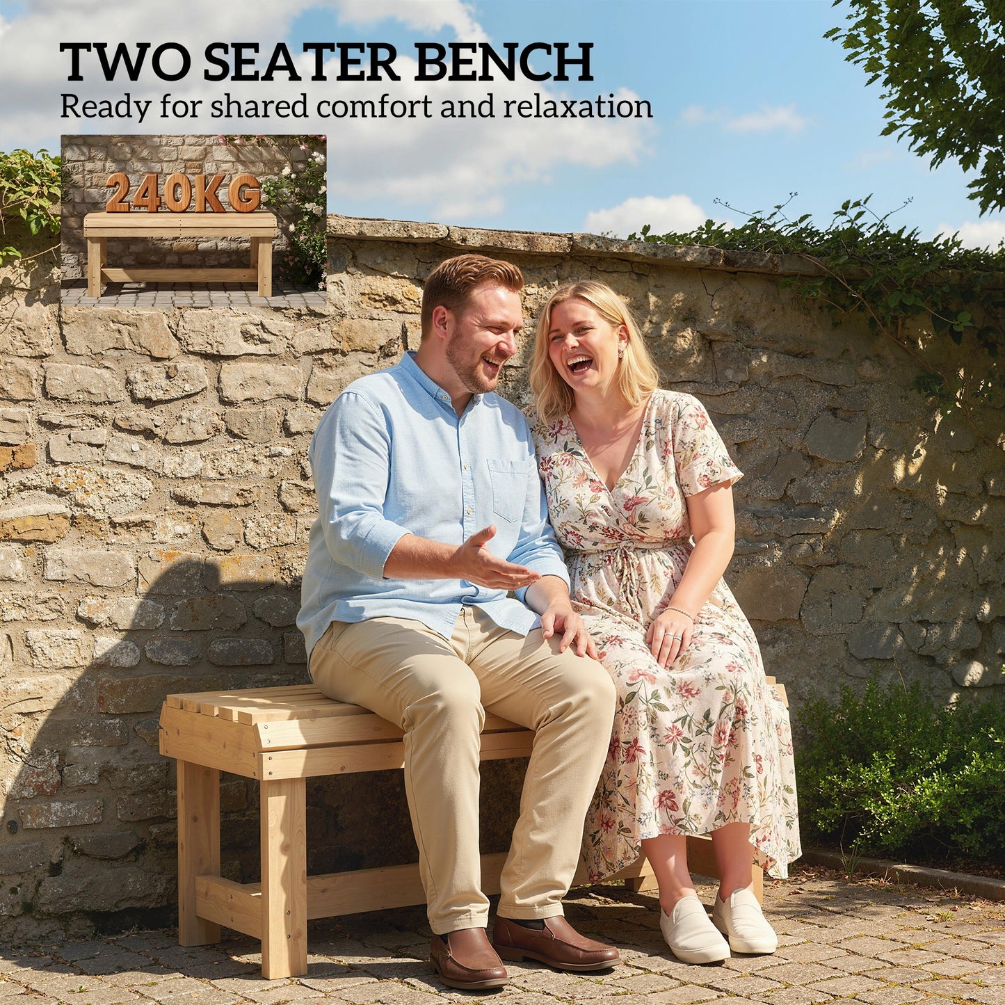 Wooden Garden Bench, 2 Seater Slatted Outdoor Bench, Natural Wood