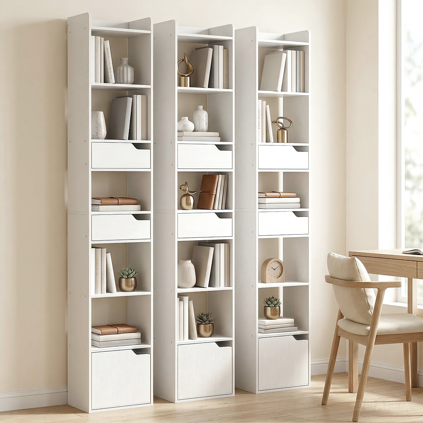 Bookcase with Drawers and Cabinet, 5-Tier Bookshelf, Narrow Tall Storage Cabinet with Anti-Tip for Living Room, Study, Home Office, White Wood Effect