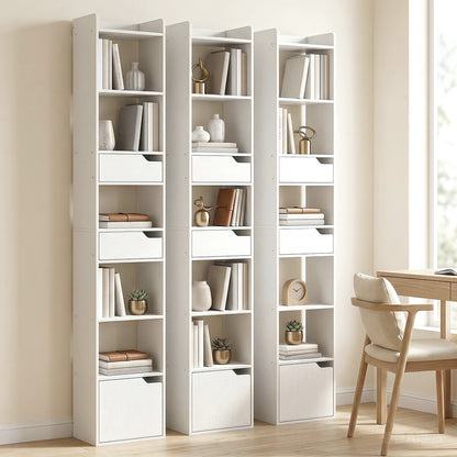 Bookcase with Drawers and Cabinet, 5-Tier Bookshelf, Narrow Tall Storage Cabinet with Anti-Tip for Living Room, Study, Home Office, White Wood Effect