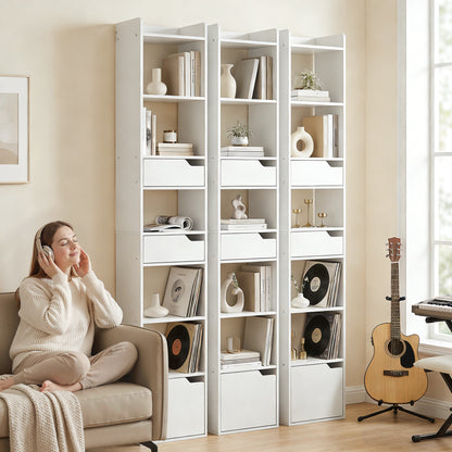 Bookcase with Drawers and Cabinet, 5-Tier Bookshelf, Narrow Tall Storage Cabinet with Anti-Tip for Living Room, Study, Home Office, White Wood Effect