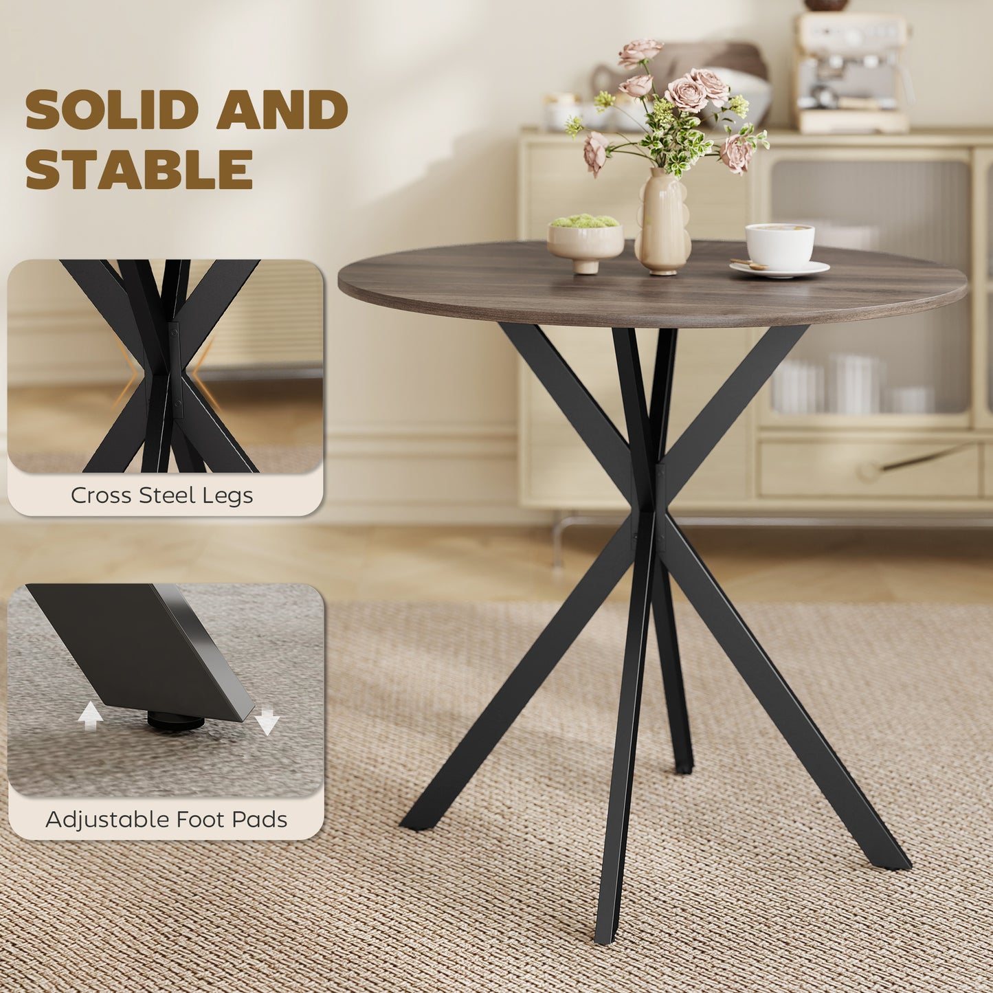 80cm Round Dining Table, Industrial Kitchen Table with Steel Legs
