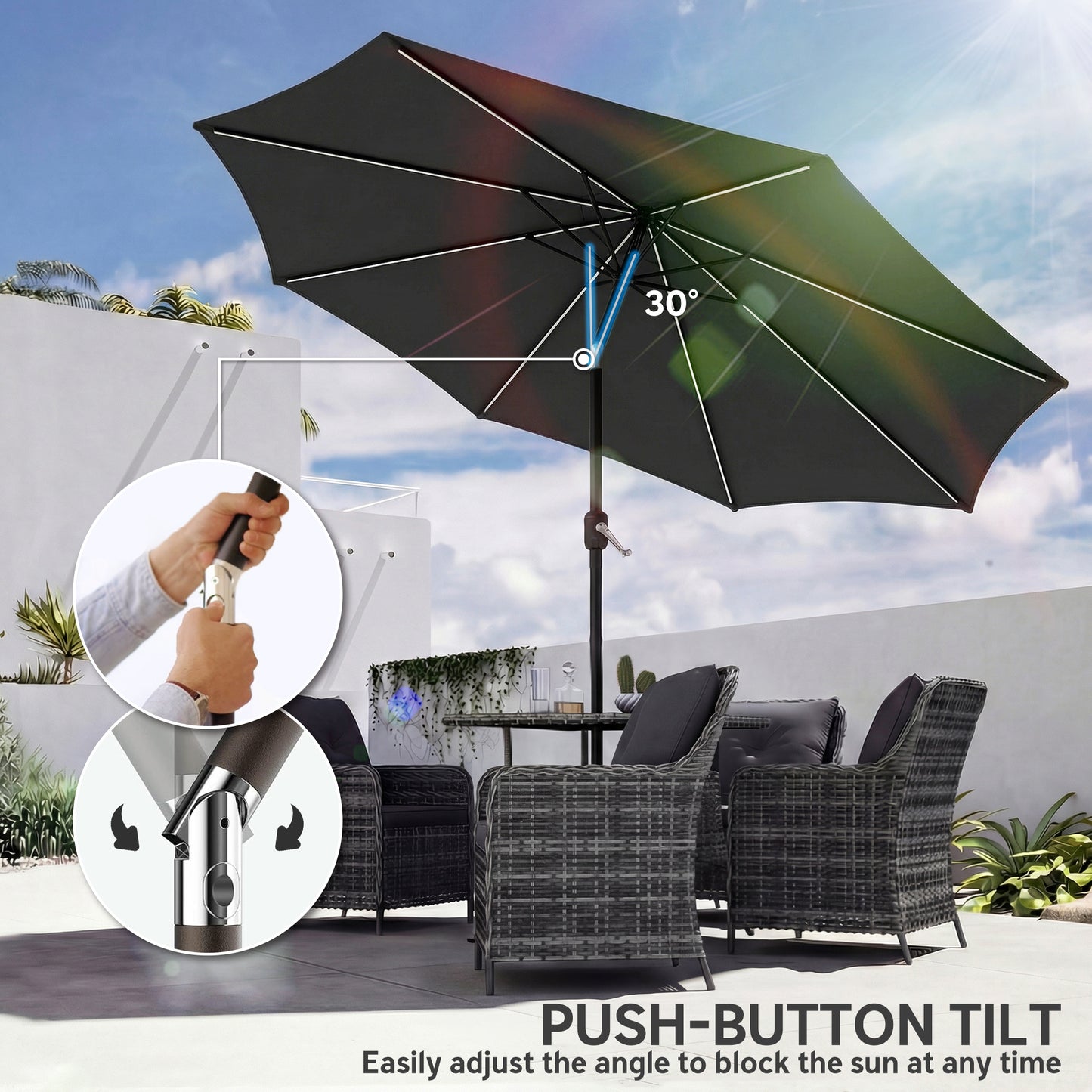 3 m Garden Parasol Umbrella with LED Lights, Patio Umbrella Black