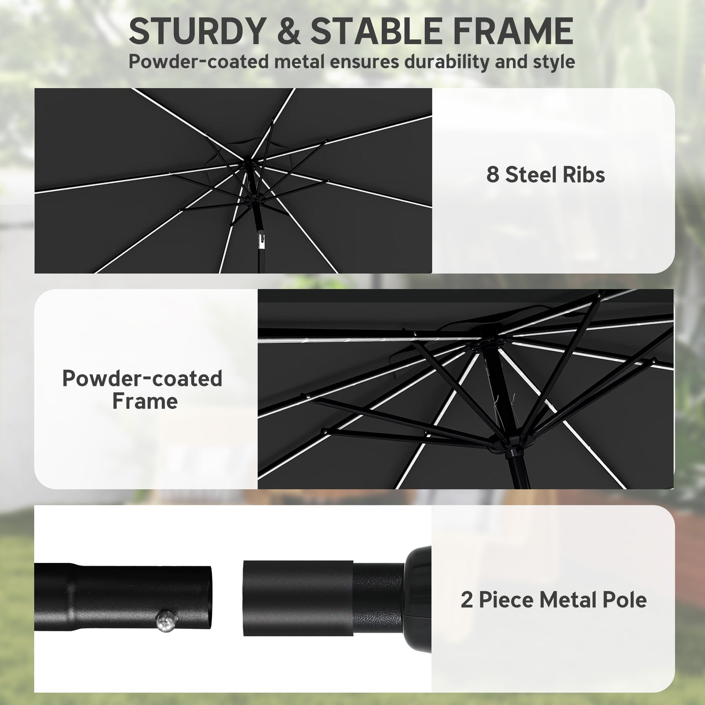 3 m Garden Parasol Umbrella with LED Lights, Patio Umbrella Black