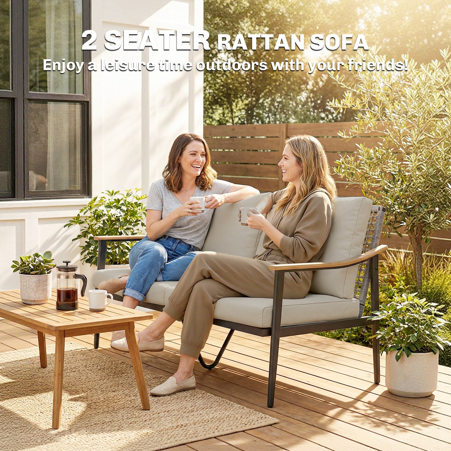2 Seater Rattan Garden Sofa with Wood-Effect Arms, Cushions, Khaki
