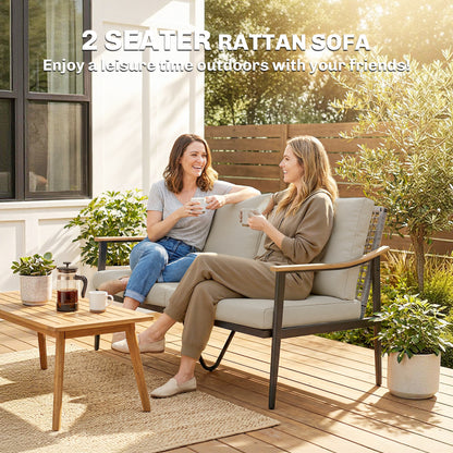 2 Seater Rattan Garden Sofa with Wood-Effect Arms, Cushions, Khaki