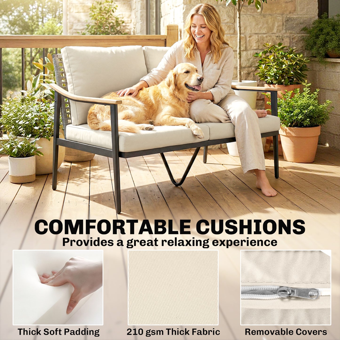 2 Seater Rattan Garden Sofa with Wood-Effect Arms, Cushions, Khaki