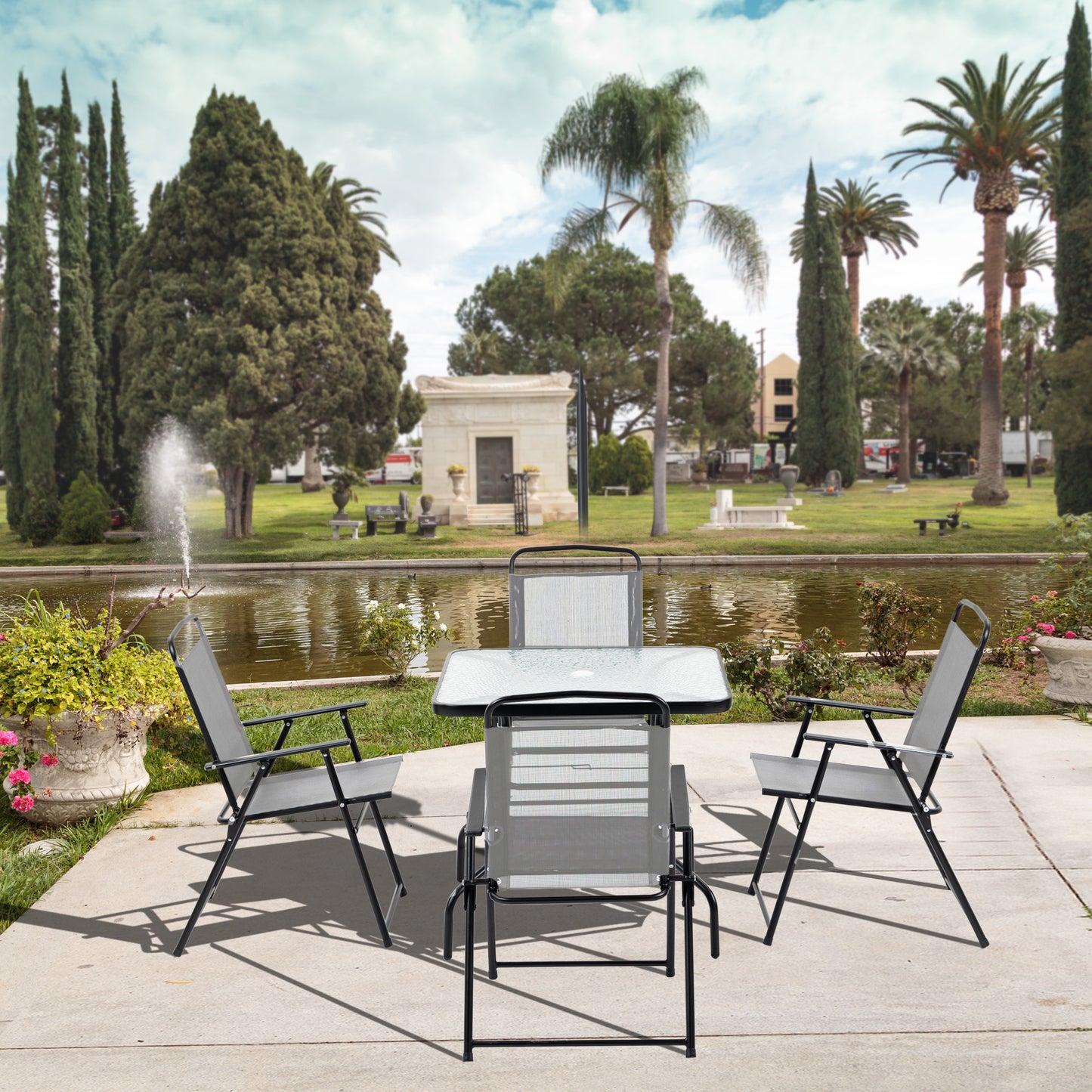 5 Piece Garden Dining Furniture Set w/ 4 Folding Chairs & Parasol Hole