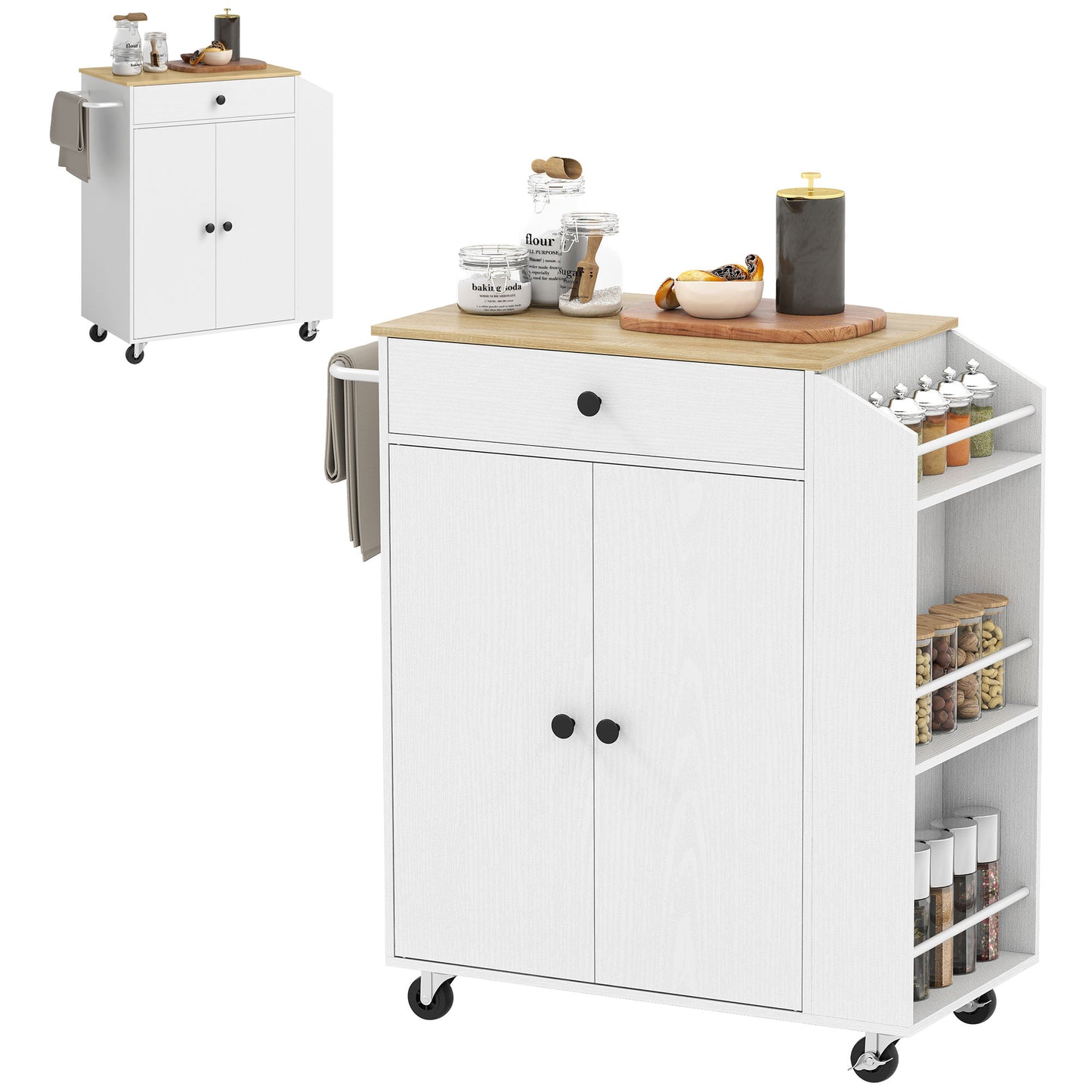 Kitchen Island with 3-Tier Spice Rack, Kitchen Cart with Towel Rack