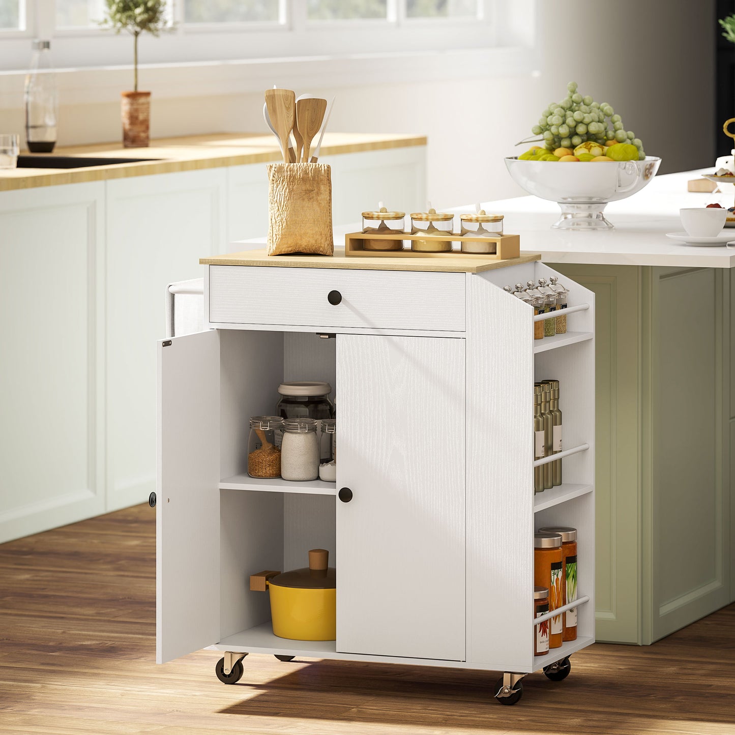 Kitchen Island with 3-Tier Spice Rack, Kitchen Cart with Towel Rack